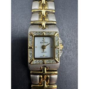 Vintage Elgin Diamond Cut Ladies Quartz Watch Two Tone White Dial ELC135